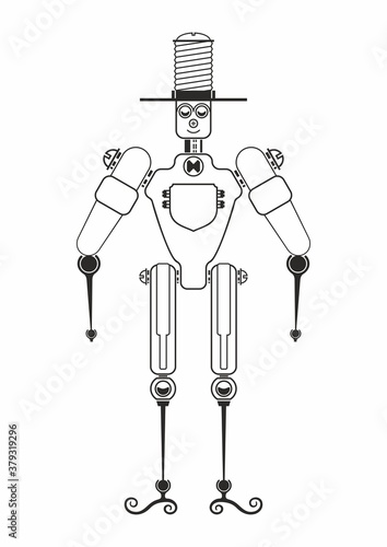 Good robot with a hat, illustration for children. Vector drawing
