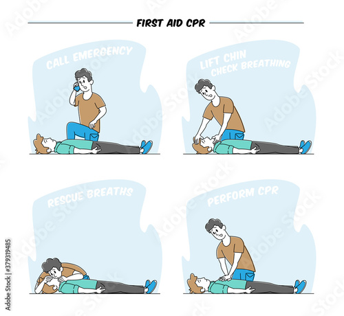 First Aid Help to Victim Lying on Floor. Emergency Call, Check Breathing, Rescue Breath and CPR. Nursing Training