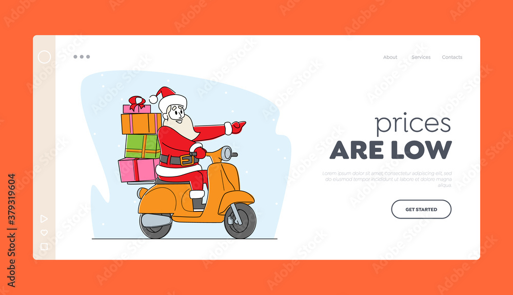 Christmas Sale Landing Page Template. Santa Claus Riding Scooter with Gifts Pointing Forward. Advertising Congratulation Christmas Sale Landing Page Template. Santa Claus Riding Scooter with Gifts Pointing Forward. Advertising Congratulation