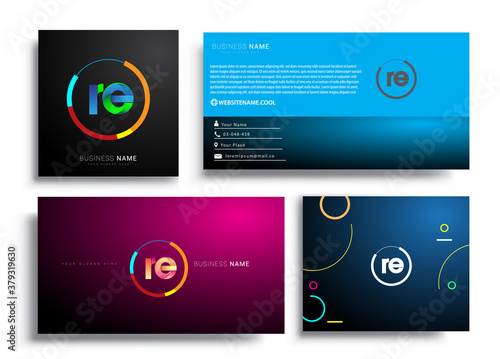 Letter RE logotype with colorful circle, letter combination logo design with ring, sets of business card for company identity, creative industry, web, isolated on white background.