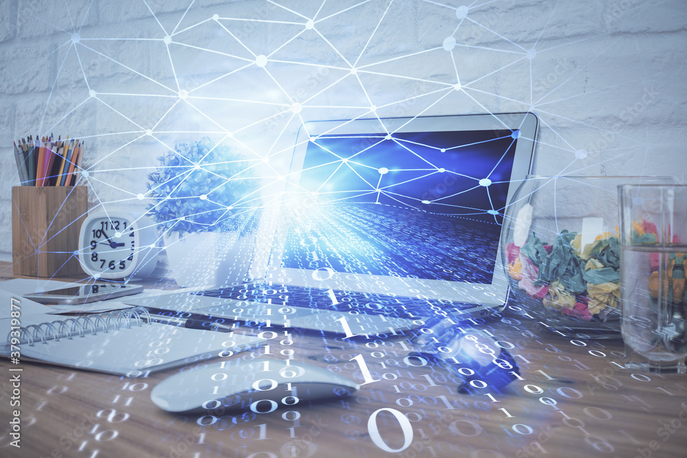 Multi exposure of desktop with personal computer and tech theme drawing. Concept of Bigdata. Multi exposure of desktop with personal computer and tech theme drawing. Concept of Bigdata.