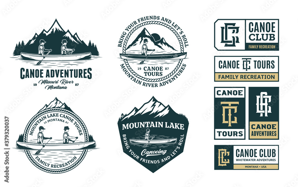 Obraz premium Set of vector canoeing logo, badges and design elements. Water sport, recreation and canoeing design concepts