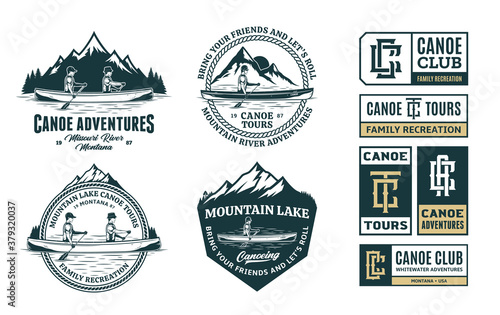 Set of vector canoeing logo, badges and design elements. Water sport, recreation and canoeing design concepts