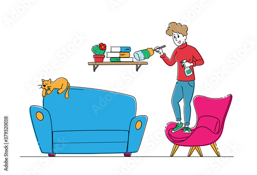 Housewife Cleaning Book Shelf with Duster and Water Sprayer. Woman Wiping Furniture at Home on Weekend, Housework