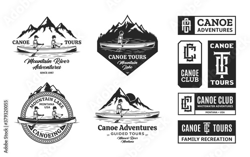 Set of vector canoeing logo, badges and design elements. Water sport, recreation, canoeing, kayaking, rafting design concept