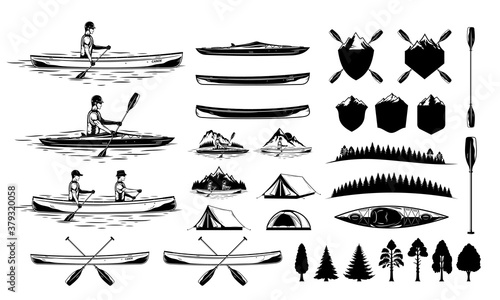 Set of vector kayaking and canoeing illustrations and design elements. Water sport and recreation illustrations and icons