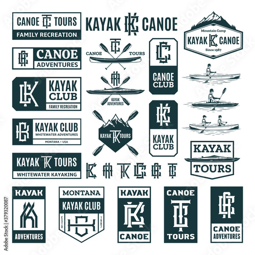 Set of vector kayaking and canoeing logo, badges and design elements. Water sport, recreation, kayaking, canoeing, rafting design concept