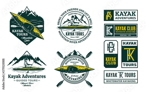 Set of vector kayaking logo, badges and design elements. Water sport, recreation and kayaking design concepts