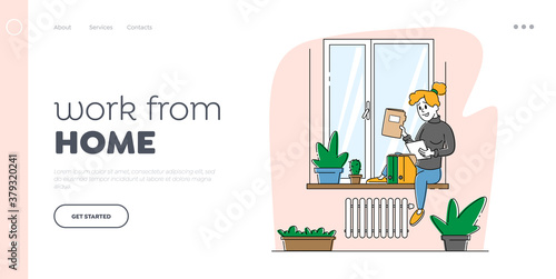 Homeworking Place, Working Activity Landing Page Template. Woman Sitting on Windowsill Work with Papers Docs at Home.