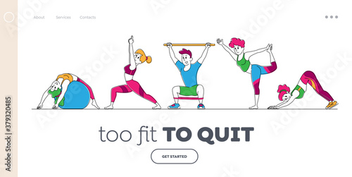 Characters Stretching at Home or Gym Landing Page Template. People Yoga and Sport Activity, Sports Exercises, Fitness