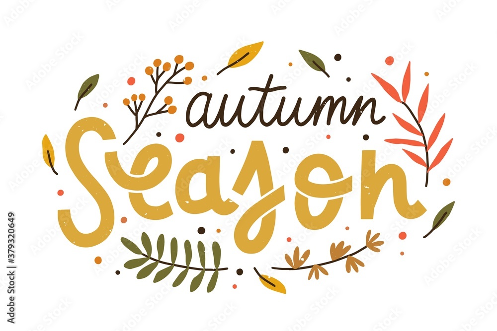 Autumn season composition with colorful hand drawn lettering vector flat illustration. Fall phrase with decorative design elements isolated. Handwritten slogan with seasonal leaves and branches