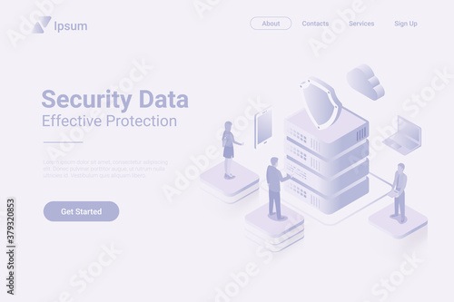 Security Protect Data Online Isometric Flat white monochrome vector concept.
