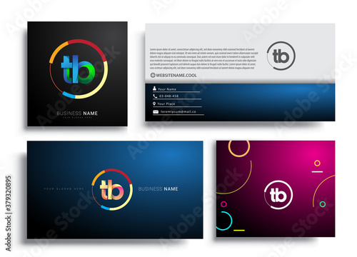 Letter TB logotype with colorful circle, letter combination logo design with ring, sets of business card for company identity, creative industry, web, isolated on white background.