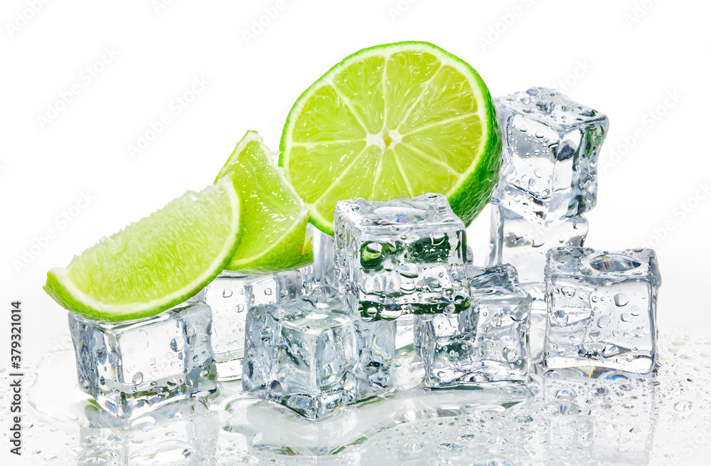 Green lime and ice cubes background.
