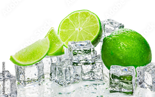 Green lime and ice cubes background.