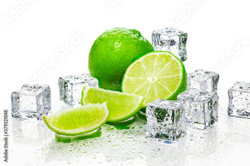 Green lime and ice cubes background.