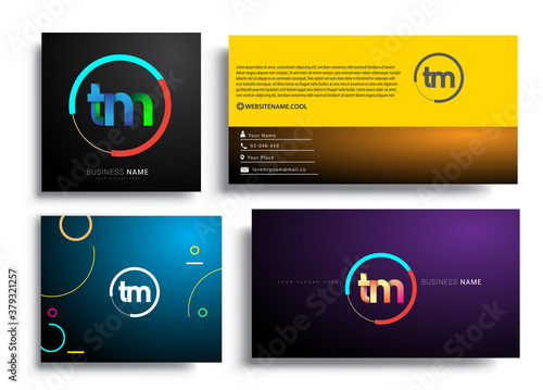 Letter TM logotype with colorful circle, letter combination logo design with ring, sets of business card for company identity, creative industry, web, isolated on white background.