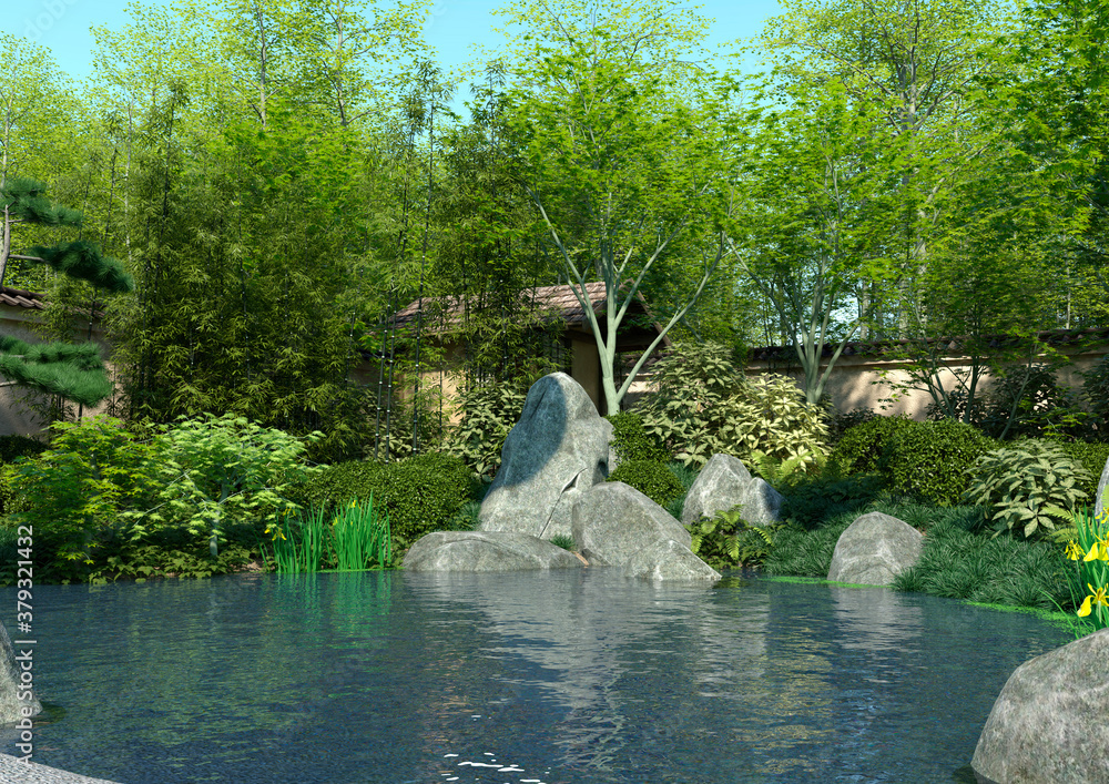 Naklejka premium 3D Rendering Japanese Garden