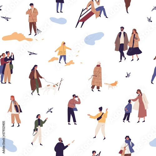 People in autumn clothes or outerwear seamless pattern. Man, woman and childr...