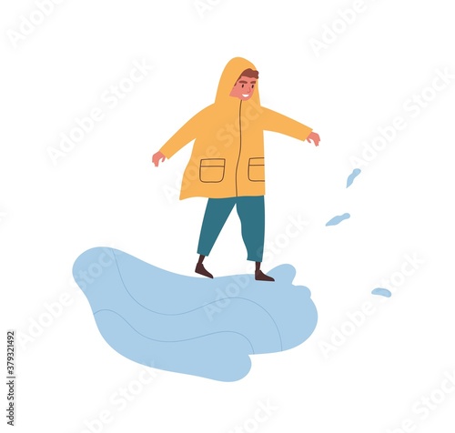 Funny boy in raincoat playing in puddle enjoying autumn weather vector flat i...
