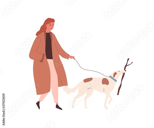 Woman in autumn coat walking with pet on leash vector flat illustration. Female strolling on street with playful dog carrying stick isolated. Adorable domestic animal owner enjoy outdoor activity