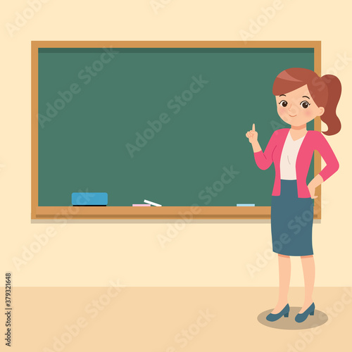 Cute female teacher pointing at chalk board. Classroom situation. Blank board template to place text. Happy world teacher day. Flat style vector
