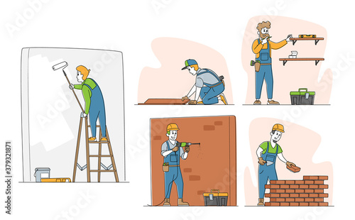 Set of Home Repair Characters. Workers in Robe Carpentry and Maintenance Works Painting and Drilling Wall, Laying Bricks