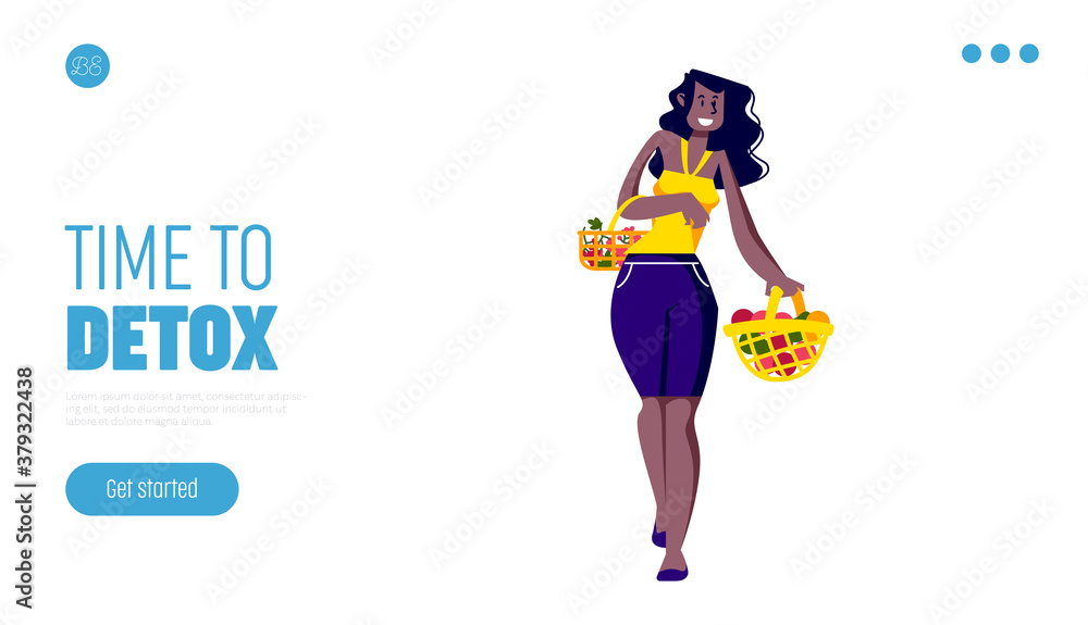 Detox diet landing page template with woman holding baskets of fresh fruits and vegetable