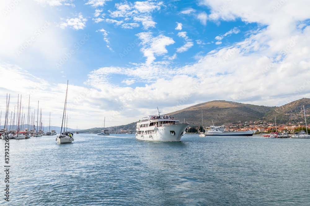 Entering of the touristic ship and yachts in the bay of Trogir, Croatia