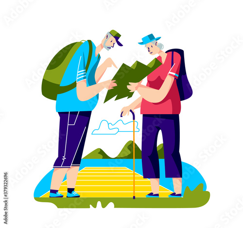 Senior travelers. Couple of old backpackers with map hiking in mountain