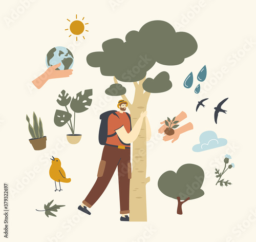 Character with Backpack Hugging Tree Bark. Unity with Nature, Save Planet and Ecology Protection, Connection with Flora
