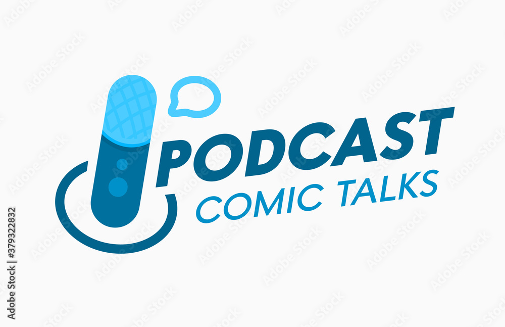Podcast, Comic Talks Banner or Label for Online Broadcasting. Audioprogram Emblem with Microphone and Speech Bubble Podcast, Comic Talks Banner or Label for Online Broadcasting. Audioprogram Emblem with Microphone and Speech Bubble
