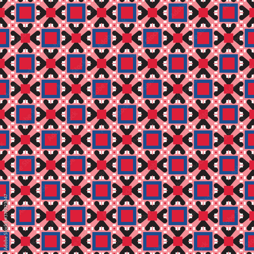 Vector seamless pattern texture background with geometric shapes, colored in red, blue, black, white colors. Vector seamless pattern texture background with geometric shapes, colored in red, blue, black, white colors.