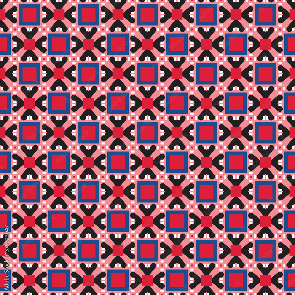 Vector seamless pattern texture background with geometric shapes, colored in red, blue, black, white colors.