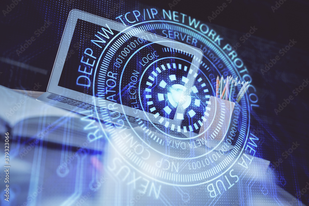 Double exposure of desktop computer and technology theme hologram. Concept of software development. Double exposure of desktop computer and technology theme hologram. Concept of software development.