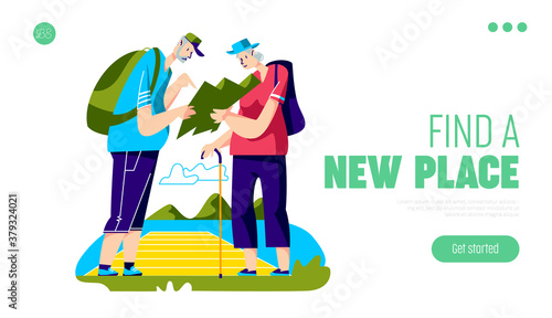 Senior travelers concept of landing page with elderly couple of aged backpackers hiking in mountain