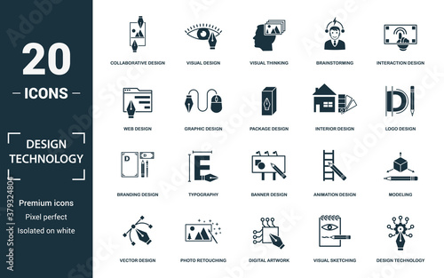 Design Technology icon set. Monochrome sign collection with collaborative design, visual design, visual thinking, brainstorming and over icons. Design Technology elements set.