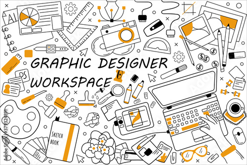 Graphic designer workspace doodle set. Collection of hand drawn sketches templates patterns of graph design equipment. Creative occupation and creation of visual digital products illustration
