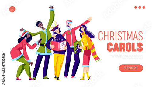 Christmas carols singing template landing page with cheerful group of people singing