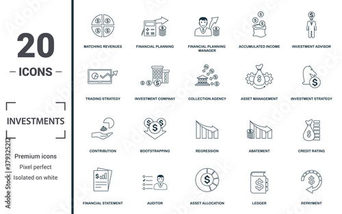 Investment icon set. Monochrome sign collection with matching revenues, financial planning, financial planning manager, accumulated income and over icons. Investment elements set.