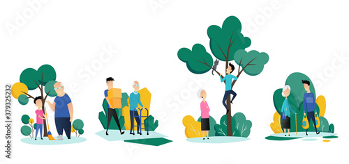 Social workers taking care about seniors peoples. Volunteer young people help elderly mans and womans in different situations. Vector flat cartoon illustration