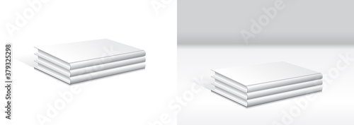 Set of stacking blank white hardcover book mockup template. Isolated on white background and gray background with shadow. Ready to use for your business. Vector illustration.