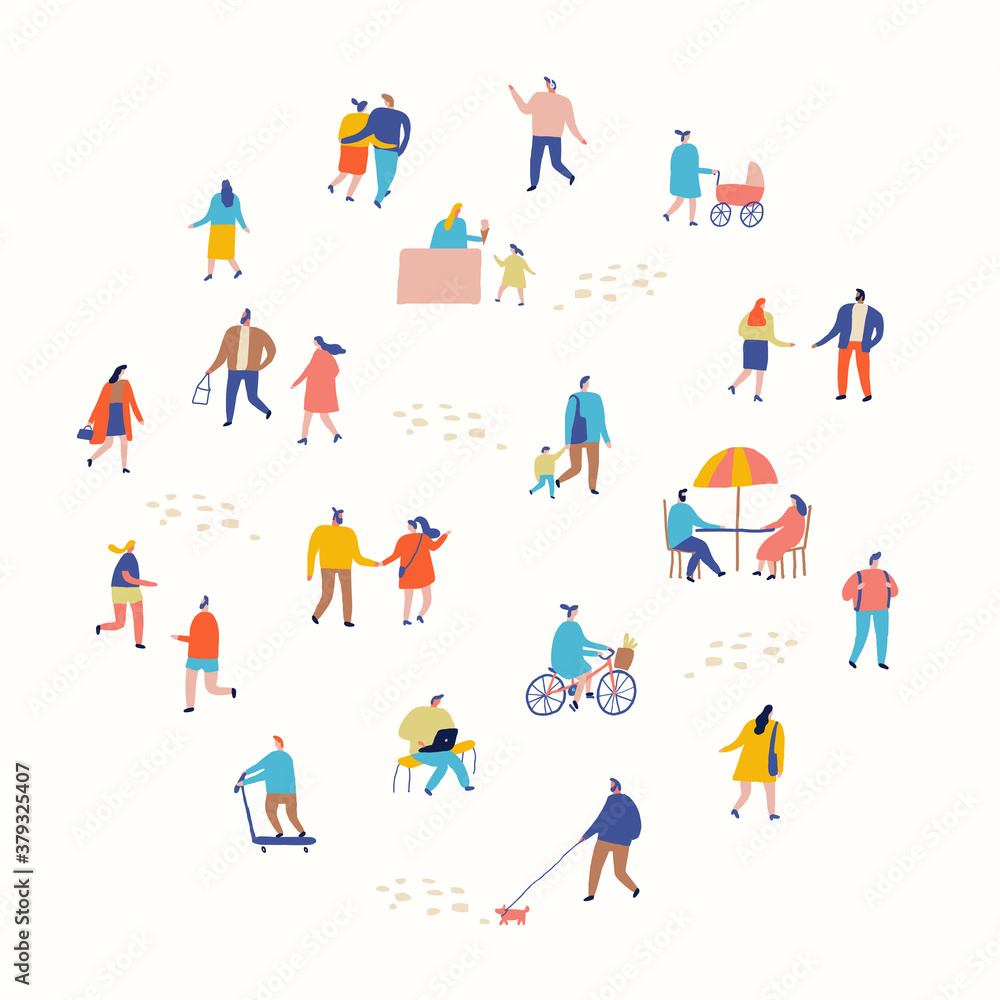City flat vector. People crowd. Male and female flat characters isolated on white background.	
