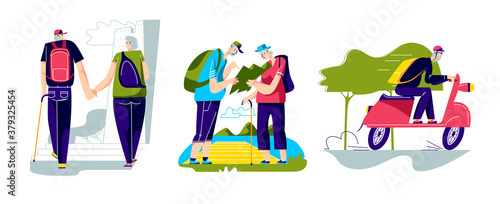 Set of senior travelers exploring. Old people travel after retirement. Active aged tourists