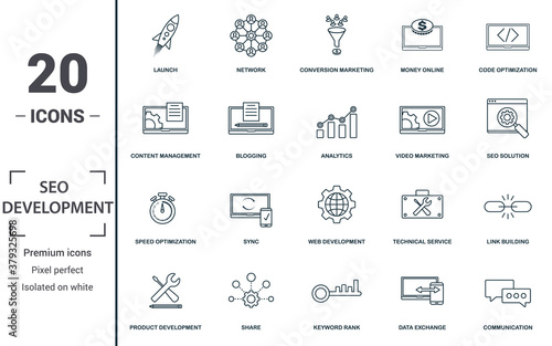 Seo And Development icon set. Monochrome sign collection with launch, network, conversion marketing, money online and over icons. Seo And Development elements set.