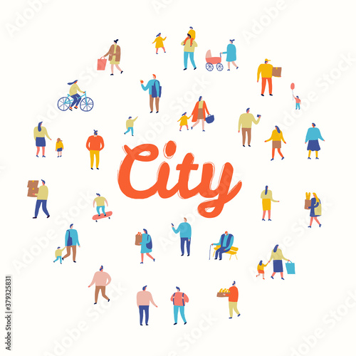 City flat vector. People crowd. Male and female flat characters isolated on white background.  © Oksana