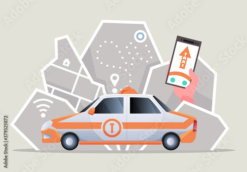 Electric car taxi. Phone with location mark and smart car with modern city skyline map. Vector illustration of online taxi service controlled via smartphone app