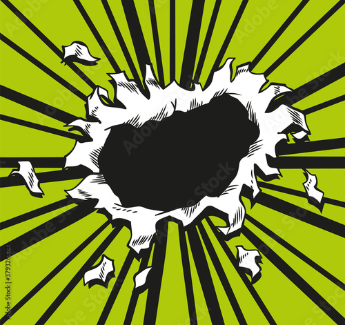 Comic book hole. Vector paper is torn through boom explosion. Circle hole in the middle on green background. Comics style cover template or flyer wallpaper