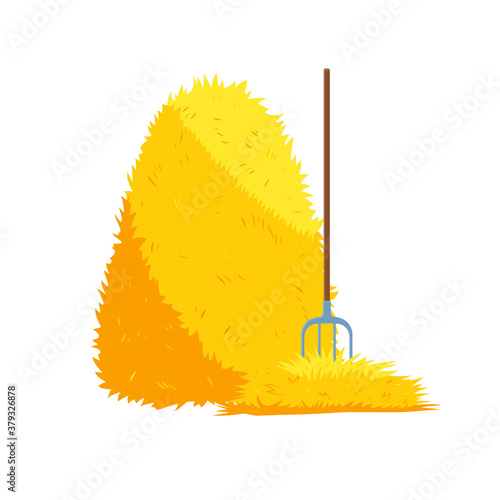 Haystack isolated on white background. Flat vector illustration dried haystack with fork. Farming haymow bale hayloft, agricultural rural haycock