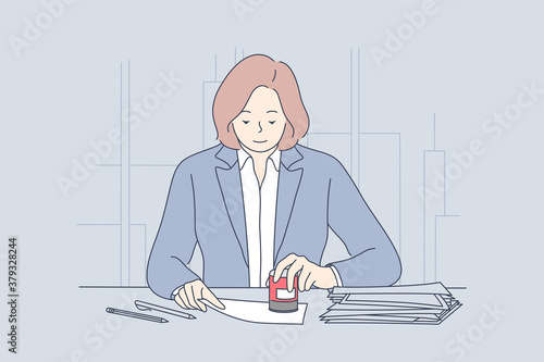 Business, law, accounting, finance, work concept. Young smiling businesswoman clerk manager lawyer attroney character stamps documents in office. Financial occupation notarial procedure illustration.